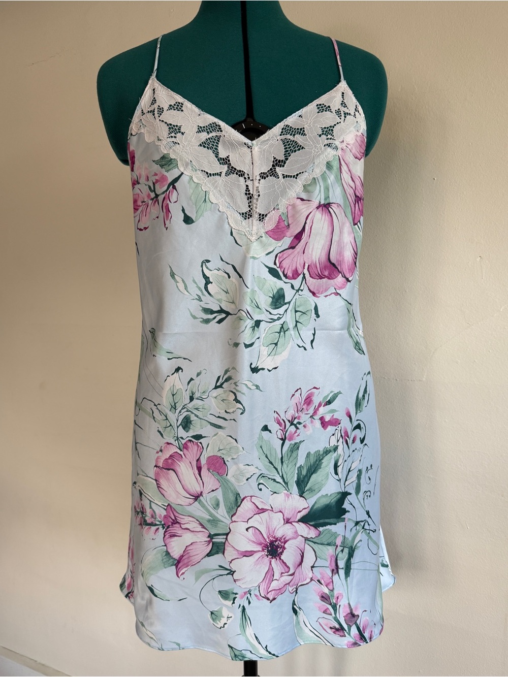 Lilac + London Pastel Blue Lace-Trim Slip Sleep Dress M